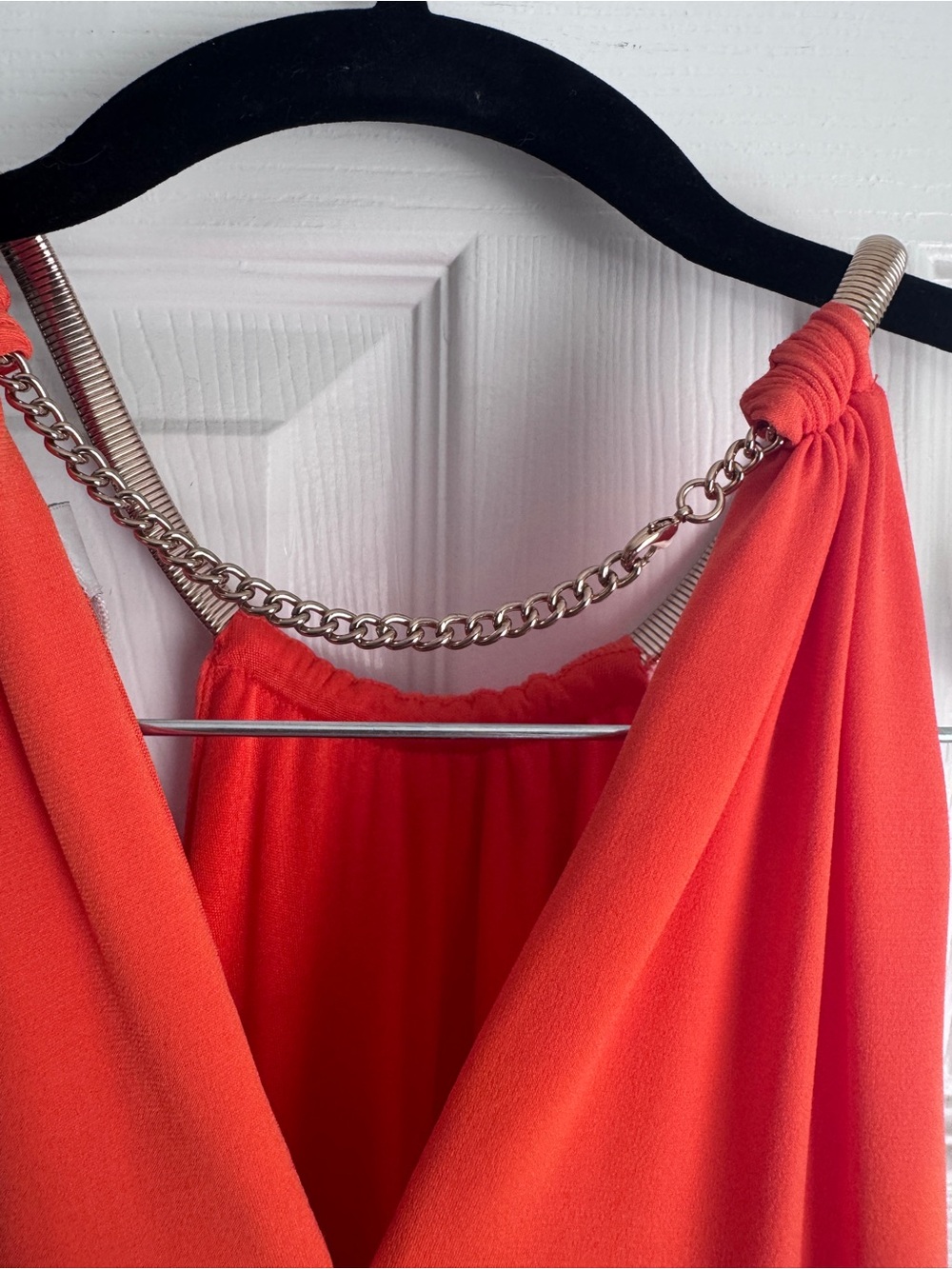Cache Coral Orange Halter Dress Size 4 Gold Chain Neck Tiered Ruffle Cocktail - Picture 10 of 16